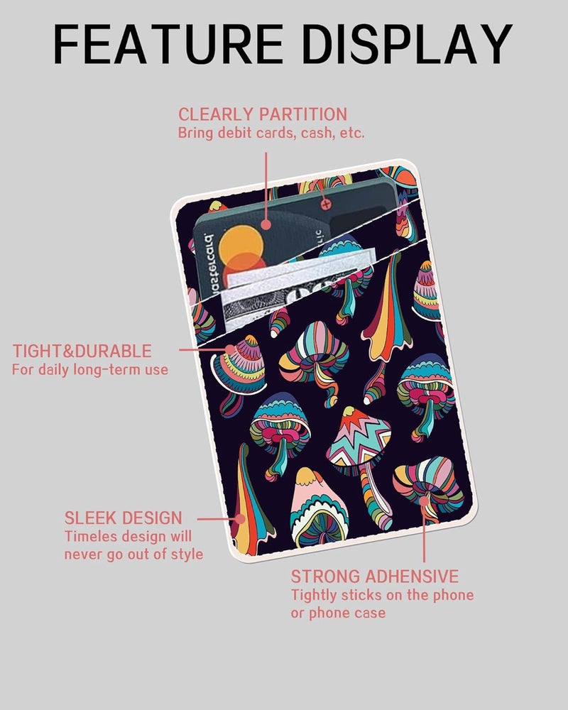 AOHRO Dual Pocket Leather Phone Wallet Adhesive Stick On, Cute Card Holder, Credit Card Holder for Case Compatible with Most Phones Boho Mushroom - Image 5
